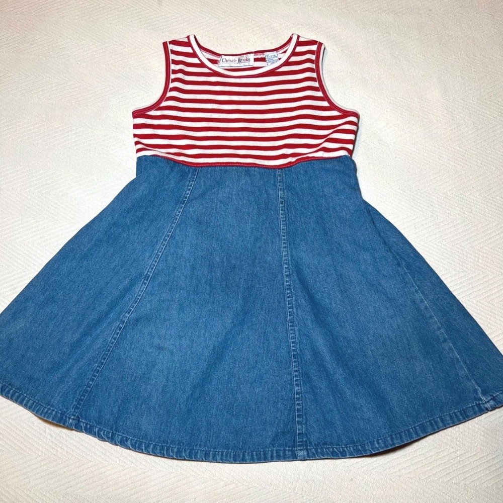 Vintage Christie Brooks Girls 6X Red White Striped Blue Denim Dress 90s Retro